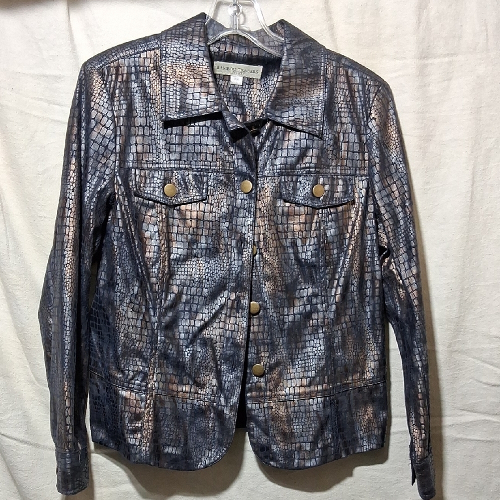 Bamboo Traders Petite Metallic Blue Snake Print Jean Jacket